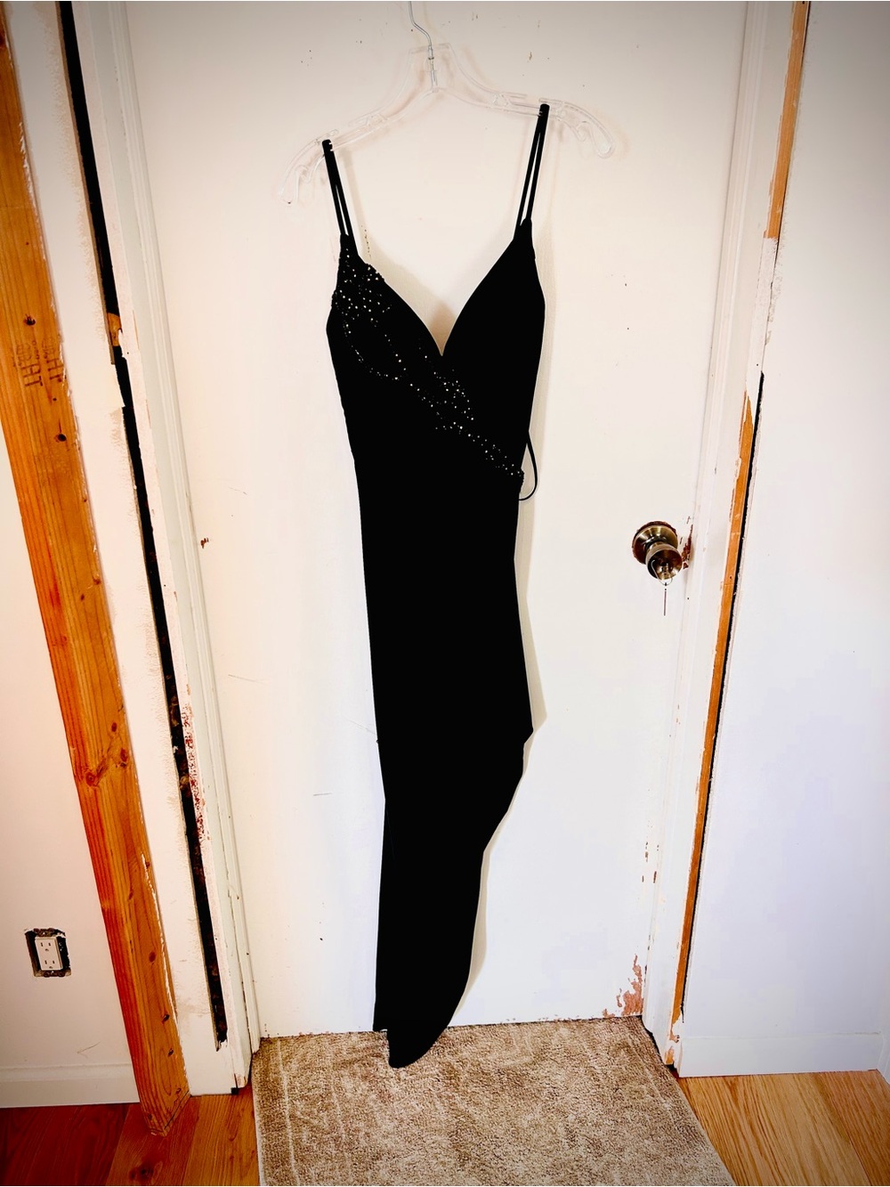 La Femme Black Asymmetrical Spaghetti-Strap Dress with Beaded Detail